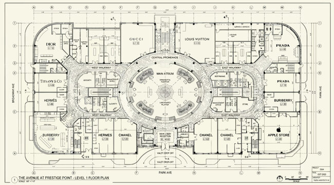 Architectural floor plan of a luxury shopping mall