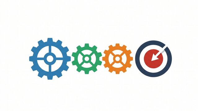 Strategy and tracking illustration showing a chain of gears connecting to a central target flat vector style on a white background