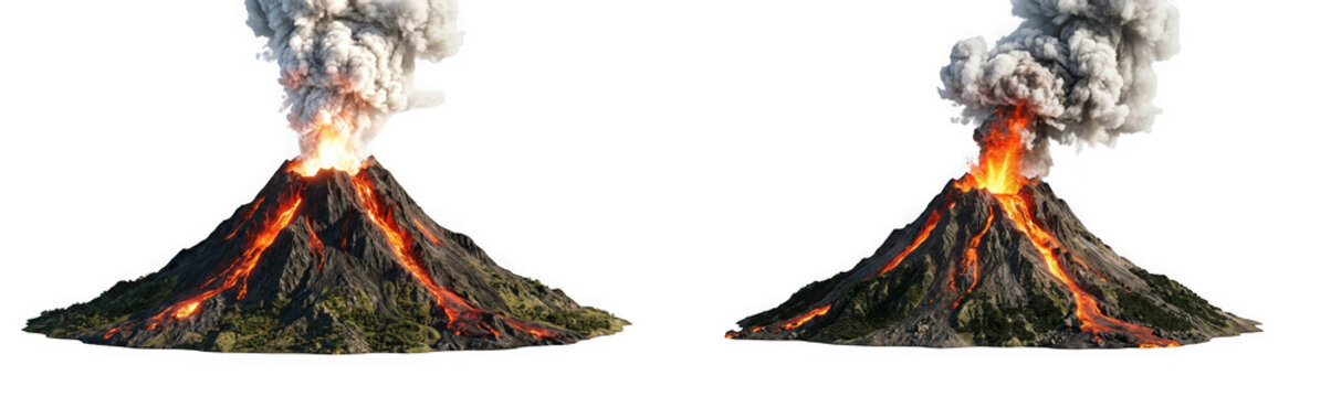 Two erupting volcanoes with lava flows and smoke plumes isolated on transparent background