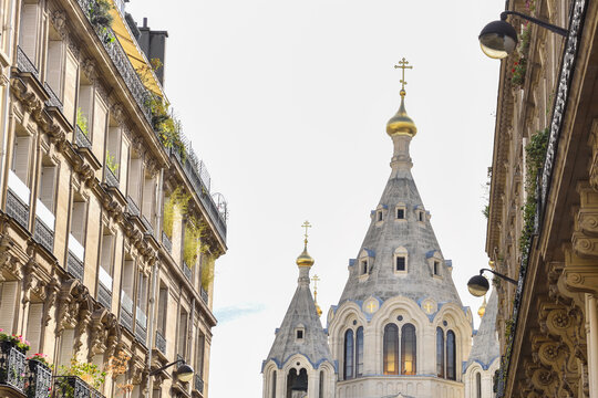Historic Haussmann Apartment Buildings and Church in Paris, France