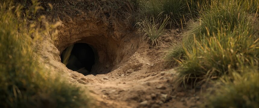 Wild animal den entrance in soft soil landscape