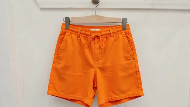 Bright orange shorts displayed against a white wall.