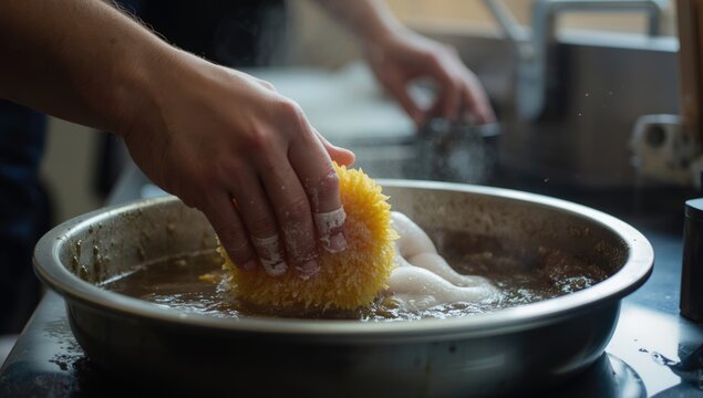 Hand using a sponge to clean a pot in the kitchen