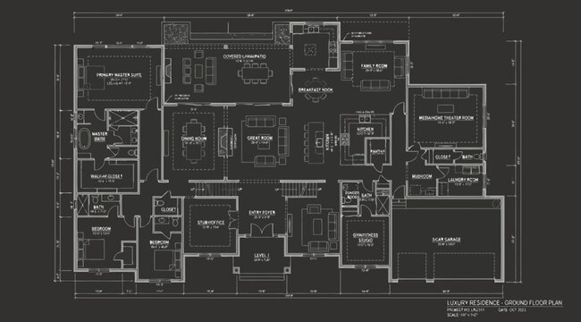 Architectural floor plan of a luxury residential house with multiple rooms and garage