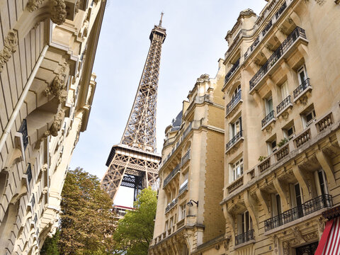 Historic Haussmann Apartment Buildings and Eiffel Tower in Paris, France