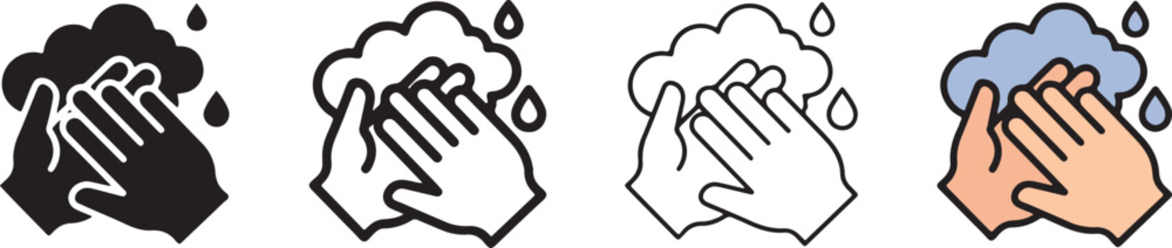 Four illustrations of hands washing with soap and water