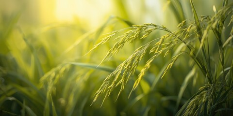 Obraz premium Rice cereal branches highlighted by vivid green leaf growth