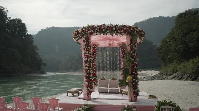 Luxury Beach Side Wedding Decoration Setup with Ocean View, Floral Mandap, Elegant Ceremony Design, and Romantic Destination Wedding Atmosphere