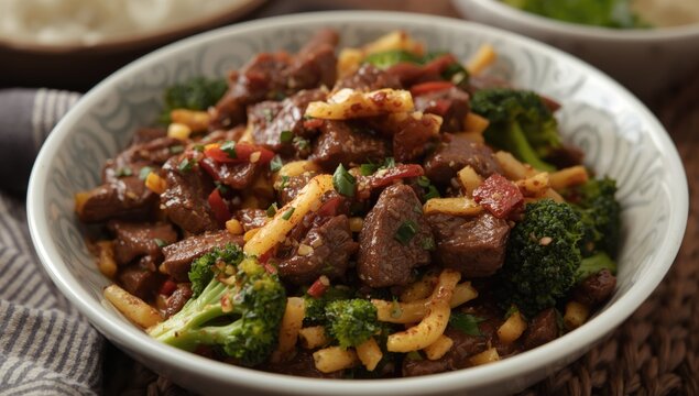Beef stir-fry with broccoli and apples in a bowl