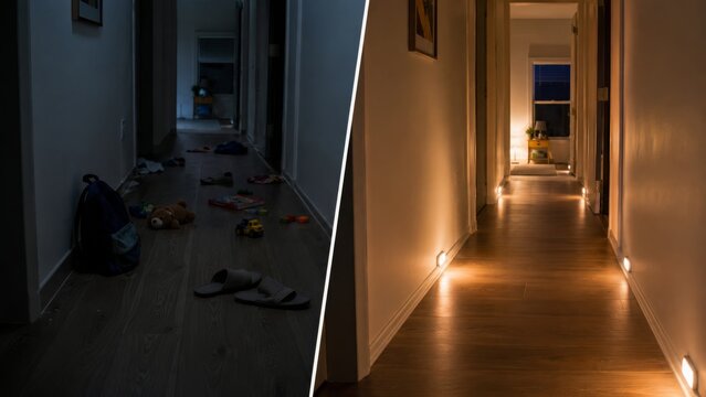 Toy clutter in hallway and safe night path with floor lights