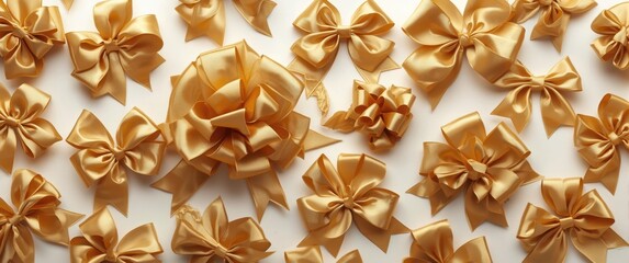 Obraz premium Group of golden satin bows in different designs and sizes isolated on white background suited for decorative and graphic projects