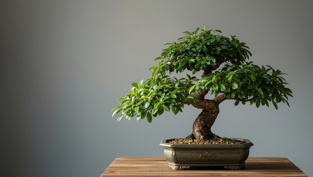 Bonsai tree in a decorative pot on a wooden table