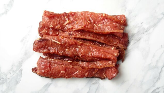 Marinated beef strips stacked on a marble surface