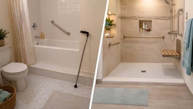 High bathtub and barrier-free shower in accessible bathroom