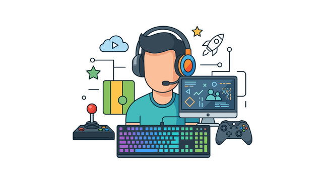 Gamer with Headset and Computer Gaming Setup Vector Illustration