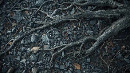 Obraz premium Tree roots among rocks and gravel on the ground