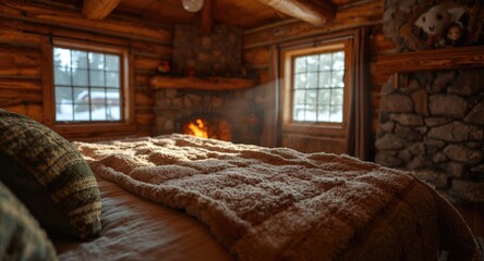 Obraz premium Warm blanket laid on bed in charming rustic log cabin bedroom