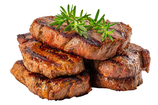 Stack of grilled steaks with rosemary isolated on transparent background.