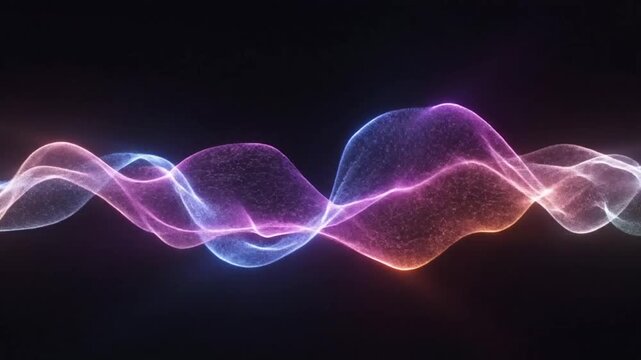 Glowing ethereal wave of colorful particles flowing and undulating in a dark abstract space with vibrant blue purple orange and green light gradients creating a dynamic visual effect