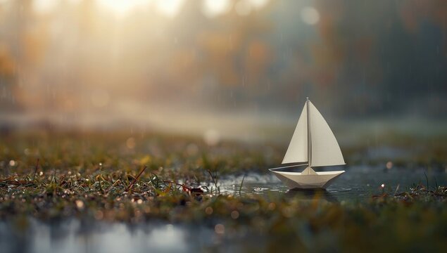 Vivid paper sailboat floating near wet grass remnants in a calm autumn drizzle