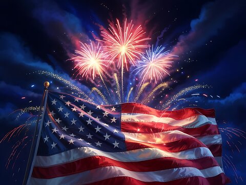 American flag waving with vibrant fireworks display