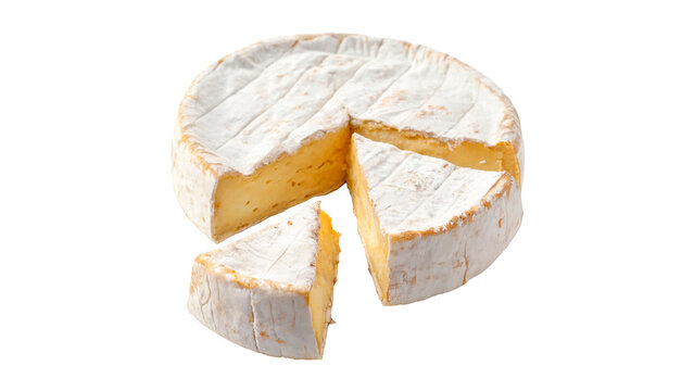 Round wheel of soft gourmet french brie or camembert cheese isolated on transparent background cut out