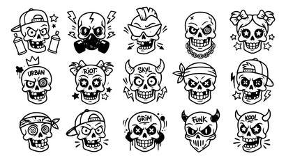 Graffiti Cartoon Skull Character Collection with Urban Street Art Designs Vector Set © MdMiraz