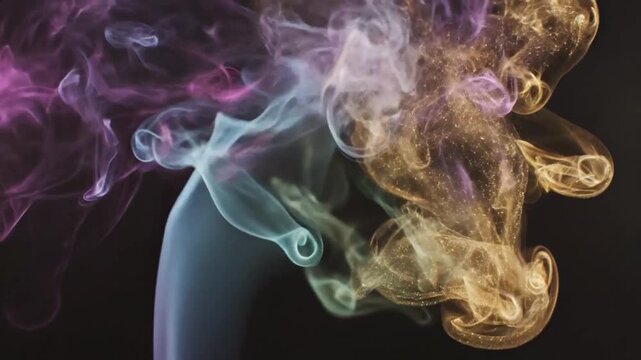 Vibrant colorful smoke plumes in purple pink blue and yellow hues intermingling and swirling against a dark background creating an abstract ethereal and dynamic visual effect Keywords: smoke
