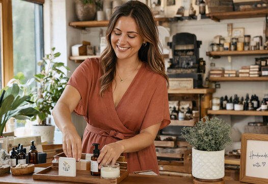 A smiling boutique owner arranges handmade cosmetics and candles on a wooden counter. Behind her, shelves display organic skincare bottles and artisanal crafts, capturing a small business shop