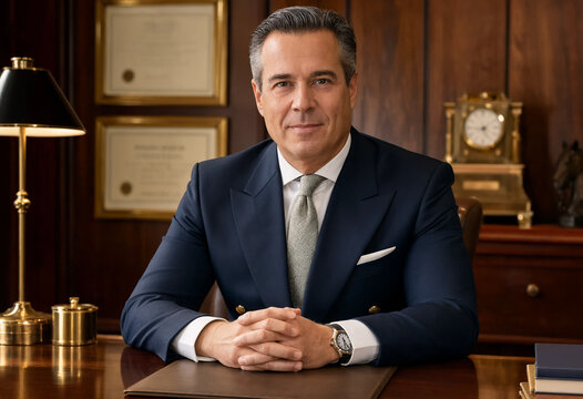A professional male banker in suit sits confidently at his office desk. Rich wood paneling, framed certificates, and an antique gold clock in background
