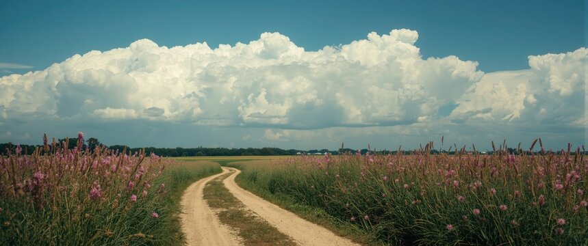 Dirt road winding through a flowering field under cloudy sky