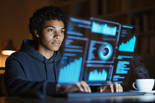 Focused young man in a dark hoodie types intently at a keyboard at night. Glowing cyan holographic screens display charts, code, and data analytics, illuminating his face in a cozy tech setting