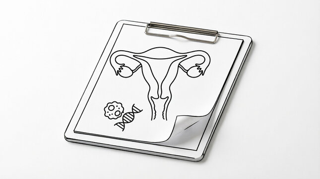 Clipboard displaying reproductive anatomy and cellular DNA research graphic.
