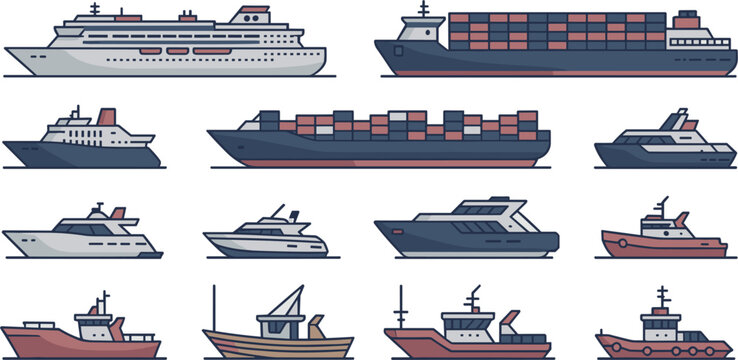 Cargo Ship and Boat Collection Vector Illustration with Container Vessels Cruise Liners Yachts and Fishing Boats