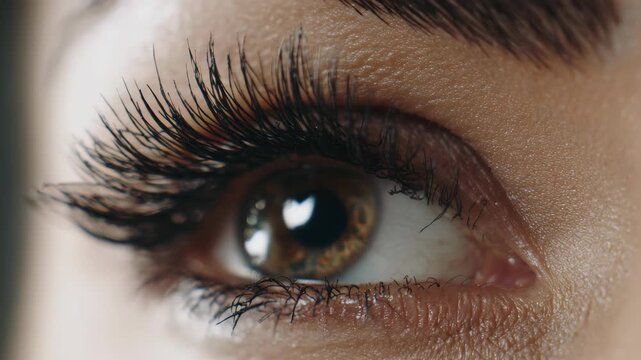 An up-close shot of a human eye with long, fluttering eyelashes and a hint of makeup. The pupil is dilated and the iris displays natural color variations.