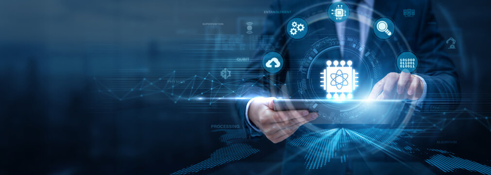 Quantum Computing Researcher Analysing Quantum Computing Using Tablet and Networking Data, advanced algorithms, computational innovation, emerging technology, scientific research