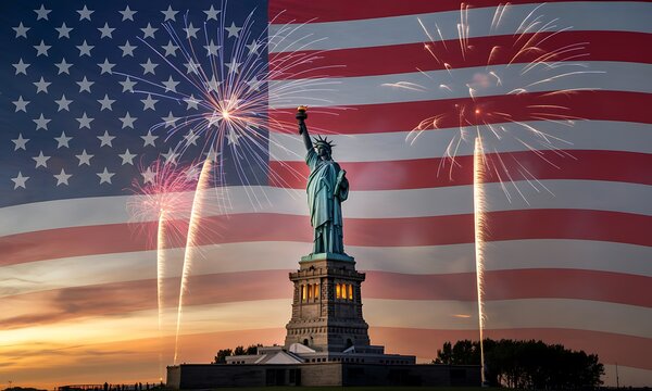 Statue of liberty with fireworks and american flag display