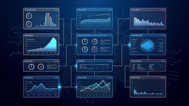 Interactive financial dashboard displaying real-time stock market data and analytics. Lockdown shot of digital interface with animated graphs and charts.