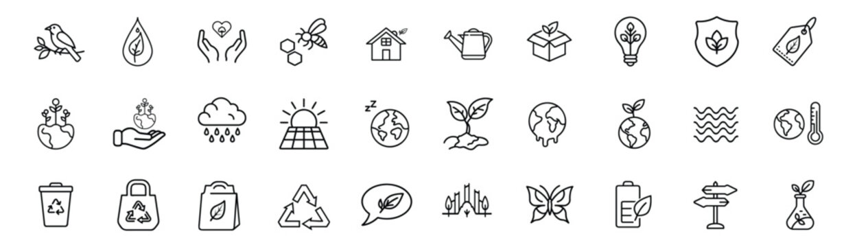 Ecology nature environment global warming renewable energy web line icons set plant leaf earth bulb bee basket hand & more vector illustration with editable stroke