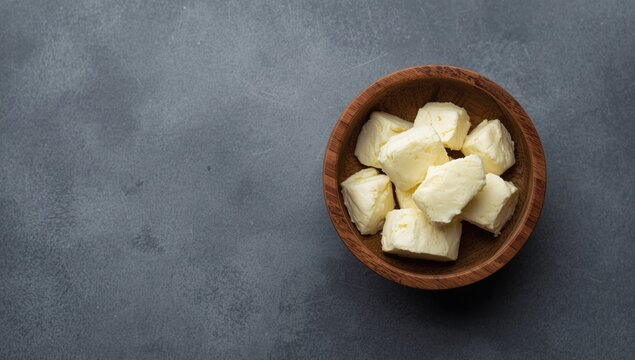 Wooden bowl holding freshly churned Indian white butter with minimal grey background and copy space
