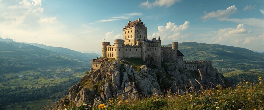 Photorealistic capture of a grand old castle structure standing on rocky mountain slopes