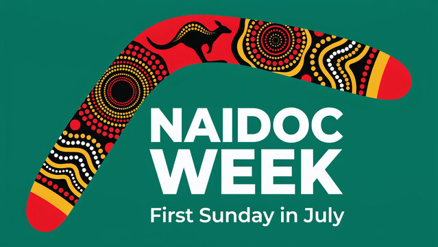 NAIDOC Week first Sunday July illustrated boomerang kangaroo dots teal background.