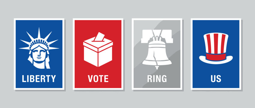 American voting and freedom icons on colored background