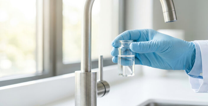 A gloved hand holds a clear vial of liquid near a modern kitchen faucet, symbolizing preparation for scientific or culinary experiments.