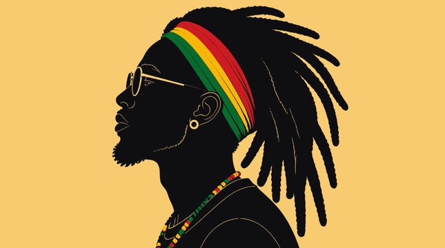 Silhouette of a man with dreadlocks and colorful headband on yellow background