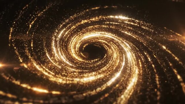 A deep space vortex of intense golden light trails and sparkling particles swirling inwards towards a dark central void, creating a sense of immense power