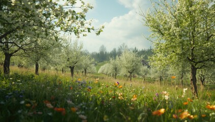 Obraz premium Springtime vista featuring flowering orchards and sprawling meadows