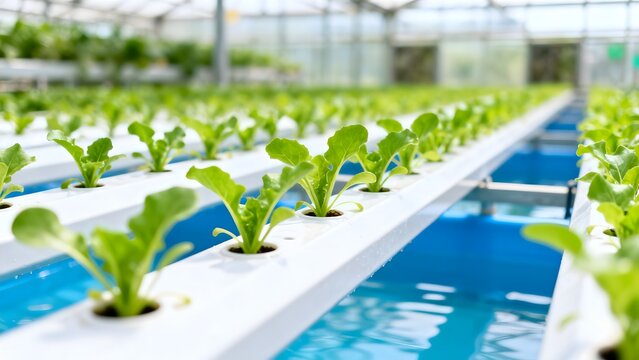 Rows of lettuce growing in a hydroponic system