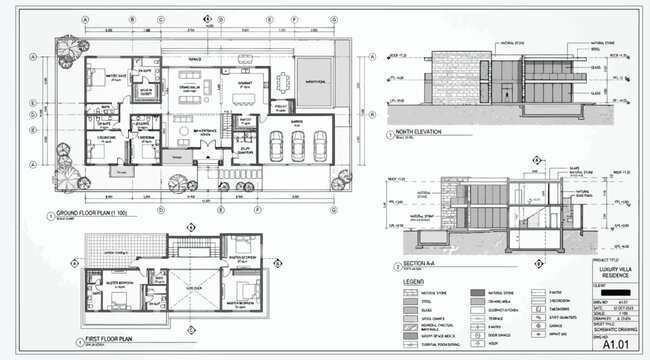 Architectural floor plan and section drawing of a modern house