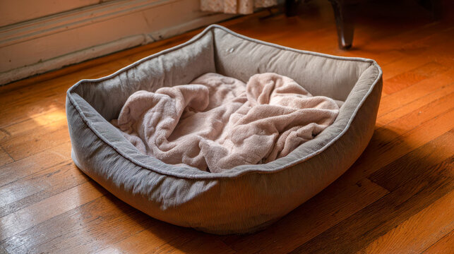 Recently vacated pet bed sits empty in a warm indoor space with soft light coming through the window